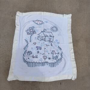 Vintage Cotton Baby Blanket Farm House Goose Cow Horse Dog 33x36"